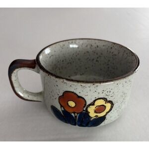 Vintage Speckled Stoneware Pottery Cup, Mug, Soup - Flowers